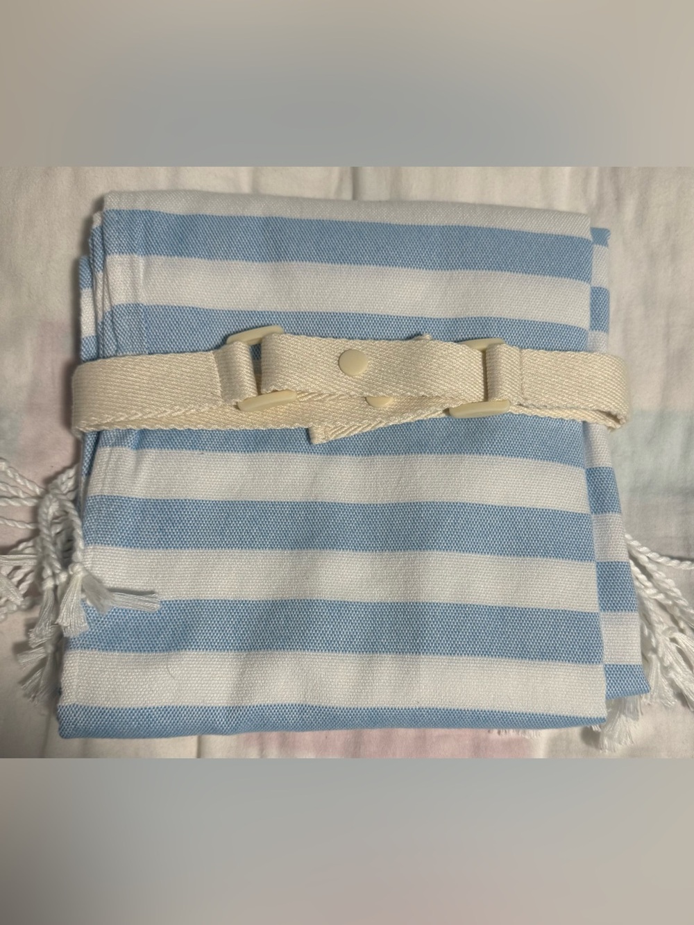 Victoria Secret Beach Blanket Cream and Blue Striped with fringe! NEW - Picture 2 of 7